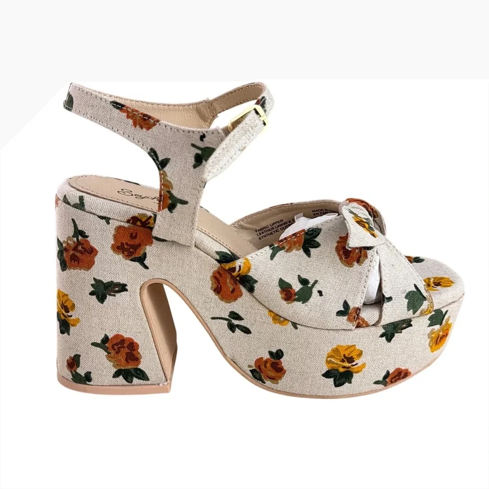 Seychelles Floral Fabric Platform Block Heel Sandals Cream Multi Size 10
